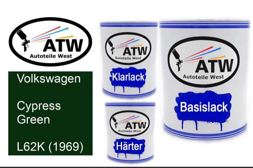 Volkswagen, Cypress Green, L62K (1969): 1L Lackdose + 1L Klarlack + 500ml Härter - Set, von ATW Autoteile West.